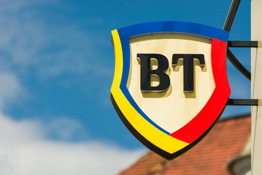 Cluj-Napoca, Romania - JUN 08, 2021: Banca Transilvania logo or icon hanging on the exterior side of the bank institution