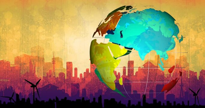 Animation of globe spinning over wind turbine and cityscape - Powered by Adobe