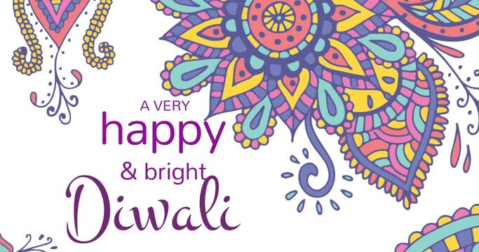 Animation of happy diwali text over traditional indian pattern