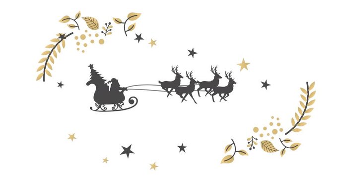 Animation of santa in sleigh over white background