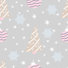 Obraz na płótnie Canvas Christmas tree and snowflake seamless pattern. New Year Vector illustration in Scandinavian style