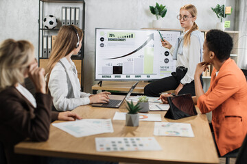 Caucasian woman pointing on monitor with financial report during conference with multiracial female partners. Business woman colleagues gathering at office room for brainstorming.