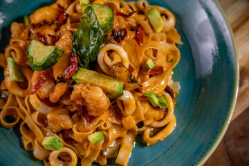 Typical peruvian food, cold entries, fettuccini with sauce