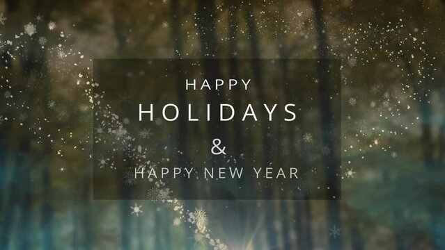 Animation of snow falling over happy holidays text