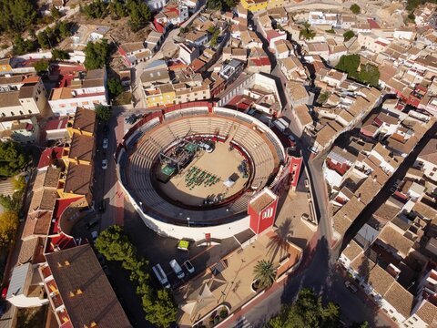 Aerial shot of the Caravaca De la Cruz town with a bullring (plaza de toros)