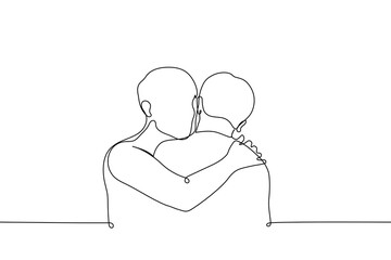 man hugging another - one line drawing vector. concept skinship, brotherhood, support, care and love