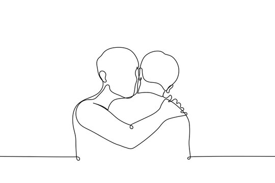 man hugging another - one line drawing vector. concept skinship, brotherhood, support, care and love