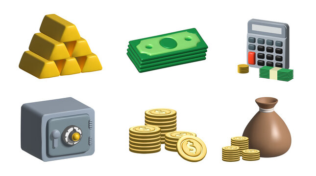 Money 3d render icon set with safe, paper money, bag, gold ingots and coins 3d illustration.