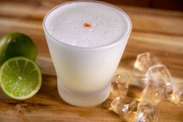 Typical peruvian food and drinks, pisco sour cocktail