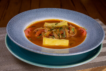 Typical peruvian food and drinks, sweaty fish