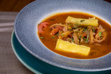Typical peruvian food and drinks, sweaty fish