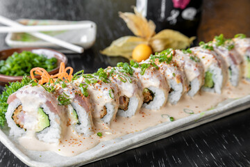Typical peruvian food and drinks, variety of sushi