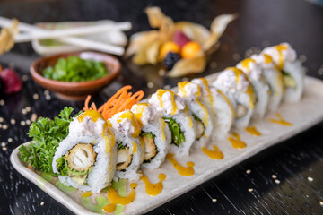 Typical peruvian food and drinks, variety of sushi