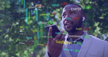 Animation of data processing over african american businessman talking on smartphone - Powered by Adobe