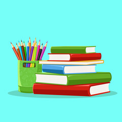 Hand Drawn Color pencil case with multicolored pencil, Pile of books vector illustration