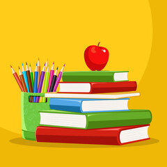 Hand Drawn Color pencil case with multicolored pencil, Pile of books and Red apple vector illustration