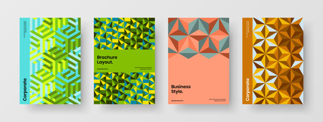 Minimalistic journal cover A4 design vector illustration set. Clean mosaic shapes handbill concept bundle.