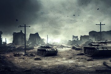Battlefield with broken tanks from World War II. Destroyed equipment, dust and piles of debris. 3D rendering - obrazy, fototapety, plakaty
