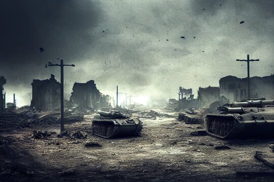 Battlefield with broken tanks from World War II. Destroyed equipment, dust and piles of debris. 3D rendering
