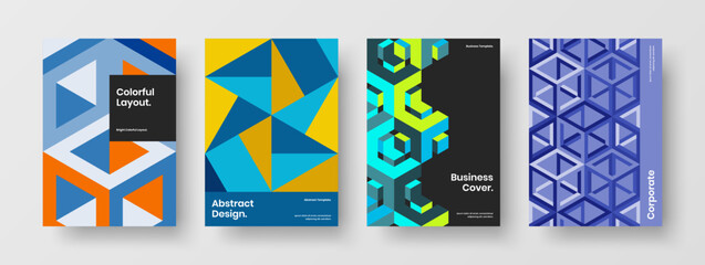 Trendy geometric shapes book cover layout set. Vivid company brochure A4 design vector concept composition.