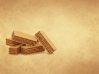 Cocoa wafers with chocolate filling on old paper background
