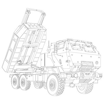 HIMARS coloring page in realistic style. M142 High Mobility Artillery Rocket System. Tactical truck.
