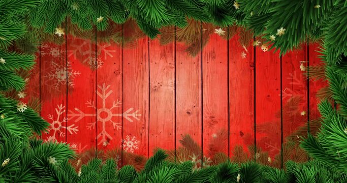 Animation of gold stars falling on wooden background with christmas tree border