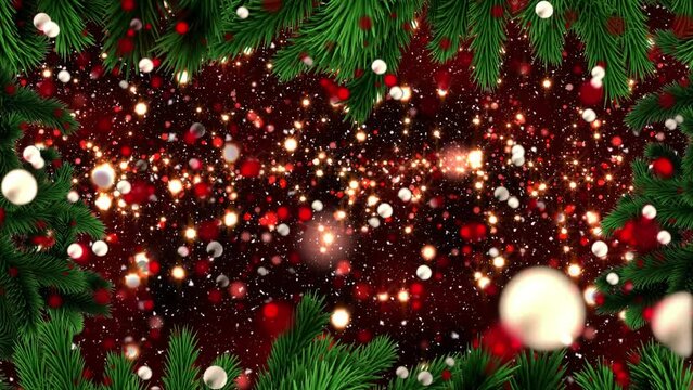 Animation of flickering white and red balls of light on black background with christmas tree border