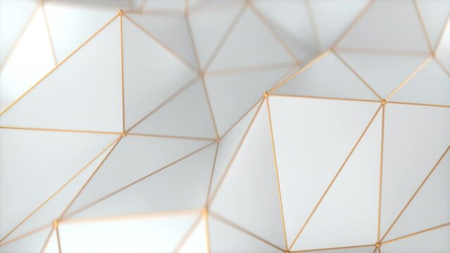 This stock motion graphics video shows a animated Polygonal Shape with gold structure clean background on seamless loop.