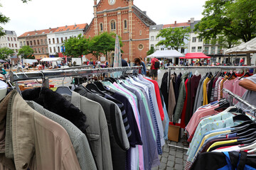used clothes in the outdoor flea market stall