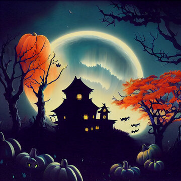 Halloween background with pumpkins and horror  house