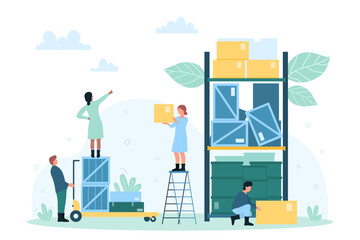 Factory warehouse and storage vector illustration. Cartoon tiny people work with inventory and loader to lift boxes with goods to shelf of rack, distribution stock center of retail or wholesale store