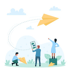 Messages in social media, email and online communication vector illustration. Cartoon tiny people holding mobile phone to send flying paper airplane to address. Fast delivery of digital news concept