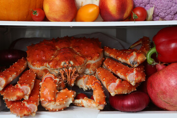 Kamchatka crab, seafood. Content of open refrigerator. Color diet. Organic food, fruits, vegetables. Red food, crab in fridge, refrigerator. Healthy, dietary nutrition. Kamchatka crab in refrigerator
