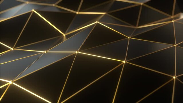 This stock motion graphics video shows a animated Dark Polygonal Shape with gold structure clean background on seamless loop.