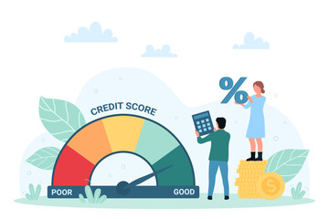 Credit score, financial risks measurement of mortgage loans vector illustration. Cartoon tiny people calculate and improve level report on speedometer about credit information from poor to good