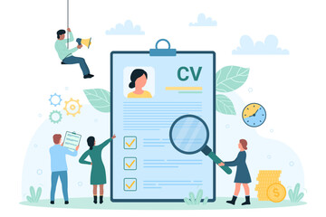 Naklejka na ściany i meble CV search, professional staff recruitment vector illustration. Cartoon tiny people looking through magnifying glass at candidates personal resume with portrait, employers find and choose employee