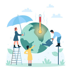 Global warming, climate change vector illustration. Cartoon tiny people holding umbrella over globe and watering can to take care of environment and protect from heat and environmental disasters