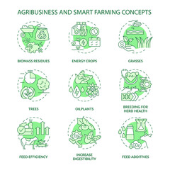 Agribusiness and smart farming green concept icons set. Glasses and oilplants idea thin line color illustrations. Isolated outline drawings