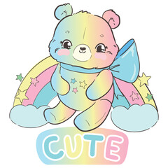 Cute Teddy Bear and rainbow Kids print vector illustration