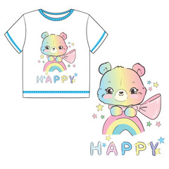 Cute Teddy Bear and rainbow Kids print vector illustration
