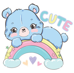 Cute Teddy Bear and Sits on the rainbow Kids print vector illustration