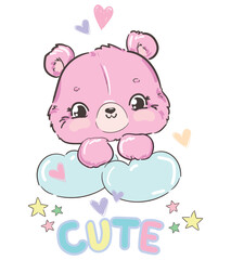 Cute happy Pink Teddy Bear and heart Kids print vector illustration