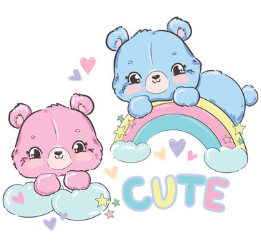 Cute Teddy Bears and Rainbow Kids print vector illustration