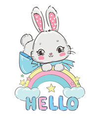 Hand Drawn Cute Bunny, print design rabbit, children print on tshirt