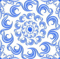 Majolica seamless pattern. Sicilian hand drawn blue ornament. Traditional blue and white ceramic tiles. Portuguese traditional azulejo pattern. Moroccan style..