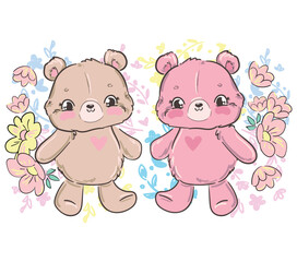 Hand drawn Cute Teddy Bear and flowers Happy Kids print vector illustration