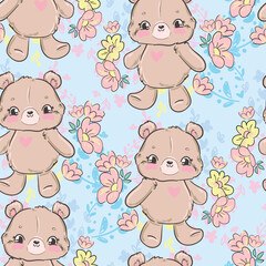 Hand Drawn Teddy Bear and flowers pattern seamless vector Illustration