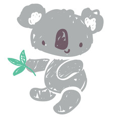 Hand drawn Cute koala with green leaves background kids design print vector illustration