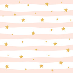 Seamless striped pink and white with golden stars vector pattern.